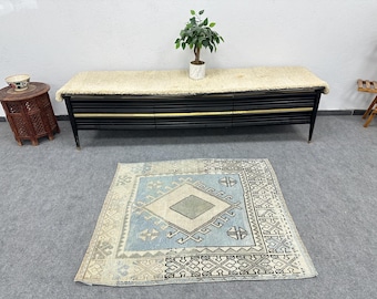 Turkish Rug, Handmade Carpet, Vintage Turkish Oushak Area Rug, 3'6" x 3'9" ft, Blue Beige Rug, Home Decor Medallion Design Rug