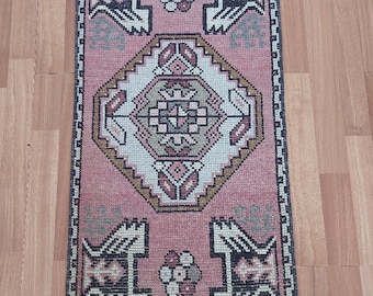 Alfombra turca rosa, pequeña alfombra turca, alfombra de entrada turca vintage, alfombra de baño de 1'6" x 3'1" pies