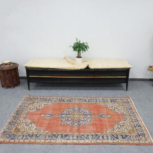 Orange Oushak Wool Rug, 4x7 Turkish Vintage Rug, Distressed Floral Decor Rug, Blue Medallion Classic Style