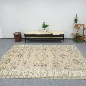 Vintage Turkish Oushak Rug | 6.5x10.4 ft | Handwoven Wool Area Rug | Faded Geometric Pattern | 60-70 Years Old | Neutral Persian Style