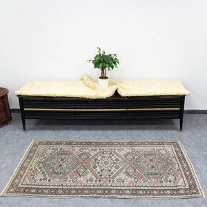 Geometrischer Grün Beige Dekor Teppich, Rosa Türkischer Oushak Teppich, Handgemusterter Teppich, 100x150 Wollteppich, Weicher Boho Teppich
