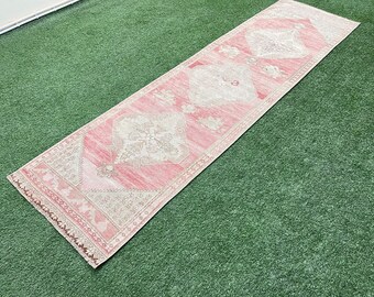 3x10 Vintage Runner, Pink Turkish Rug,Green Oushak Runner, Living Room Rug, Kitchen Runner Rug, Hallway Runner Rug, Entryway Rug 2'9"x9'10"