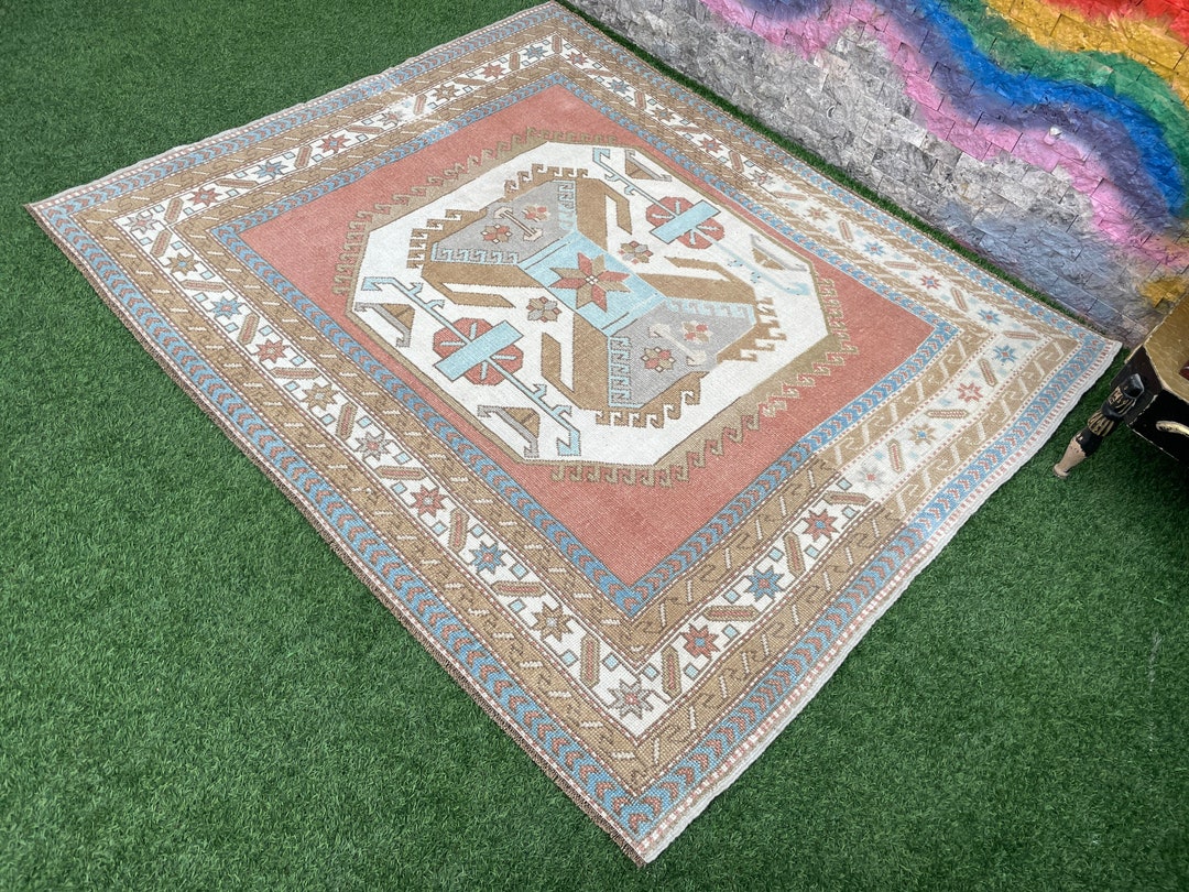 6x5 Mid Century Modern Vintage Hand Woven Turkishlight Pink Blue Brown ...