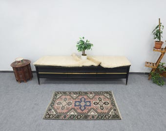 Vintage Oushak Wool Rug 2x4: Faded Red Medallion Turkish Rug