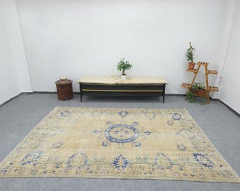 7x10 Vintage Oushak Rug: Blue Beige Turkish Wool Area Rug