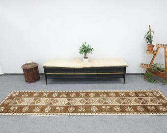 3x12 ft Brown Beige Vintage Handmade Oriental Hand Knotted Distressed Low Pile Wool Hallway Runner Rug, Kitchen Rug Runner 2'6" x 11'7" ft