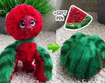 Watermelon Dragon Transforming Posable Artdoll + Pin, fantasy animal art doll, handmade stuffed toy