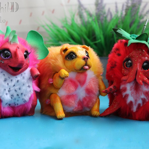 Fruity cute animal balls Artdoll, fantasy art doll, handmade stuffed toy