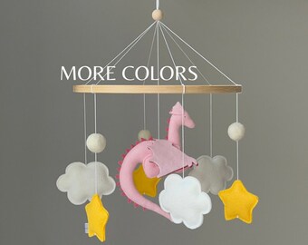 Dragon Baby Mobile Nursery Fairy Tail,Neutral Dragon Baby Mobile,Dragon Crib Mobile for Fantasy Nursery Decor Clouds Stars Mobile Felt Balls