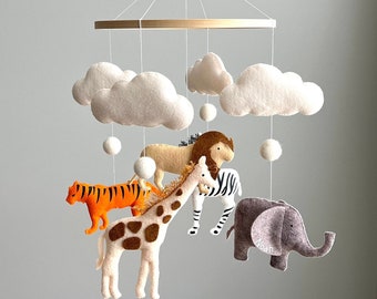 Baby Safari Mobile with Neutral Animals Africa Nursery Felt Elephant Lion Zebra Tiger Giraffe Crib Mobile,Jungle theme nursery mobile cloud