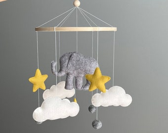 Elephant Baby Mobile, Felt Safari Animals, Neutral Nursery Decor