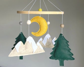 Woodland Baby Mobile,Mountain Mobile Nursery,Forest Baby Mobile,Camping Mobile Crib,Baby Boy Mobile Felt,Nature Mobile Moon Tree Mountain