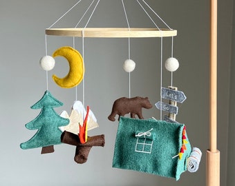 Mobile pour chambre d'enfant dans le parc national, Mobile de camping pour bébé, Mobile pour bébé tente bleue, Mobile pour lit de bébé Woodland, Mobile pour bébé de camping tente verte pour chambre de bébé