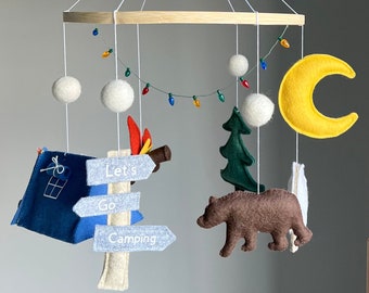 Camping Theme Baby Mobile with Tent lights Mountain Bear,National Park Mobile for Nursery decor,Nature Baby Mobile Felt,Forest Mobile Crib