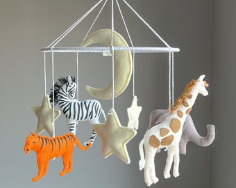 Safari Animals Mobile Nursery,Neutral Jungle Felt Zebra,Giraffe,Elephant,Tiger Crib Mobile,Neutral Nursery Mobile,Safari Mobile Crib Toys