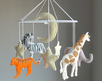 Safari Animals Mobile Nursery,Neutral Jungle Felt Zebra,Giraffe,Elephant,Tiger Crib Mobile,Neutral Nursery Mobile,Safari Mobile Crib Toys