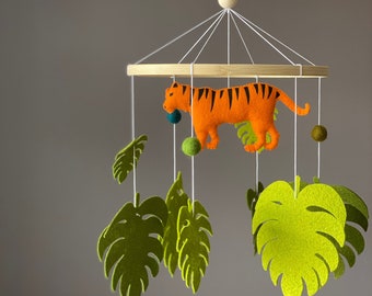 Tiger Baby Mobile,Safari Mobile,Nursery Mobile Animals,Tropical Monstera leaves Mobile,Jungle Mobile for Nursery