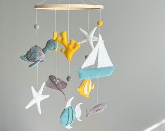 Sailboat Fish Baby Mobile for Nursery Decor,Sea Animal Baby Mobile,Ocean Themed Nursery Mobile,Sea Creature Mobile Baby,Under the Sea Mobile