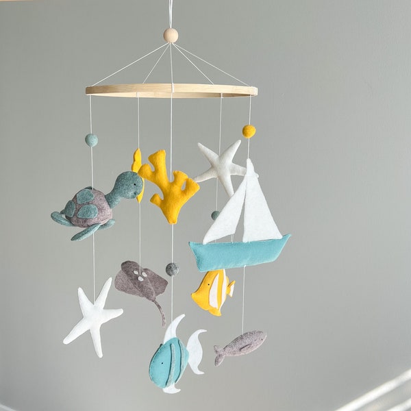 Sailboat Fish Baby Mobile for Nursery Decor,Sea Animal Baby Mobile,Ocean Themed Nursery Mobile,Sea Creature Mobile Baby,Under the Sea Mobile