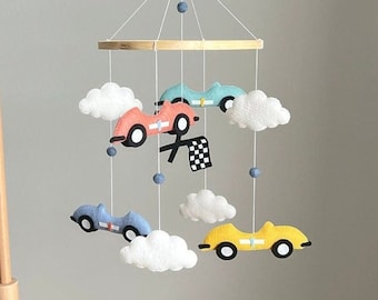Retro Racing Car Baby Mobile, Felt Vintage Car Nursery Decor