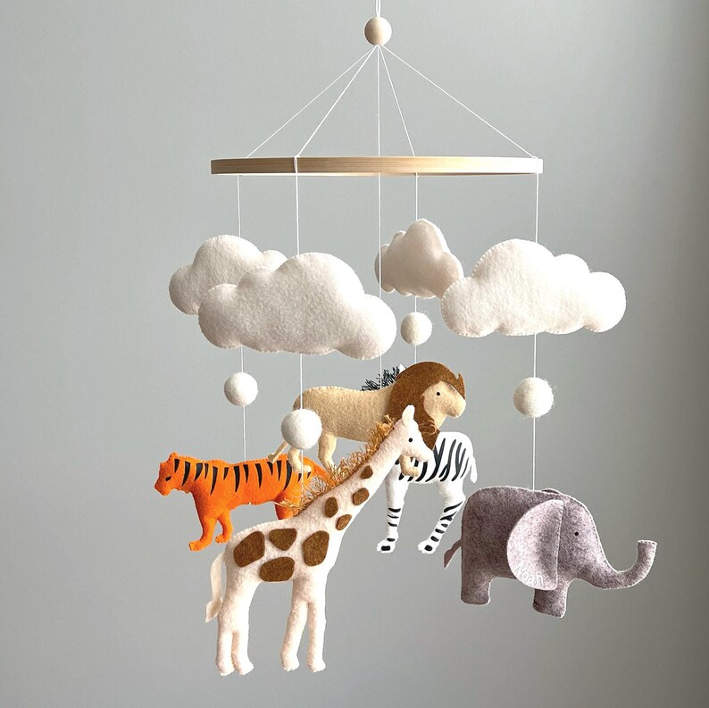 Baby mobile Safari Mobile for Nursery,Jungle Mobile elephant,lion,giraffe,crocodile,heron,Crib Mobile,Africa mobile,Pregnancy gift,Felt toys zdjęcie 3