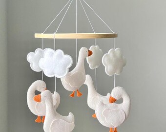Goose Baby Mobile, Felt Geese and Clouds, Neutral Nursery Decor