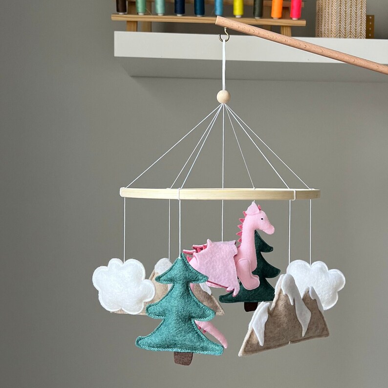 Pink Dragon Baby Mobile, Felt Fantasy Nursery Decor image 7