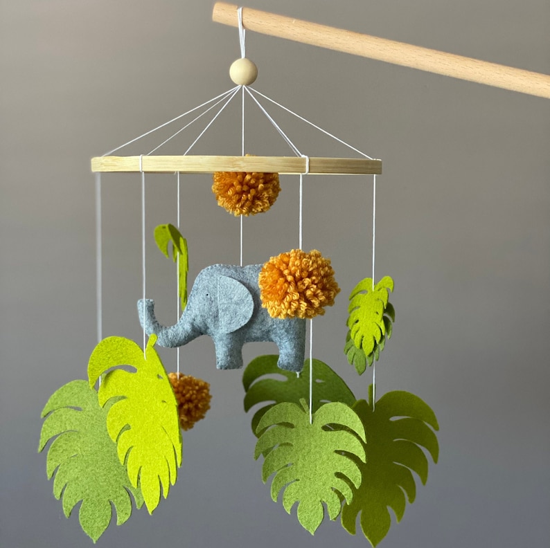 Elephant Baby Mobile,Jungle Mobile,Safari Animals,Tropical Crib Mobile,Greenary Nursery,Monstera Leaves Hanging Mobile,Newborn Baby Gift image 4