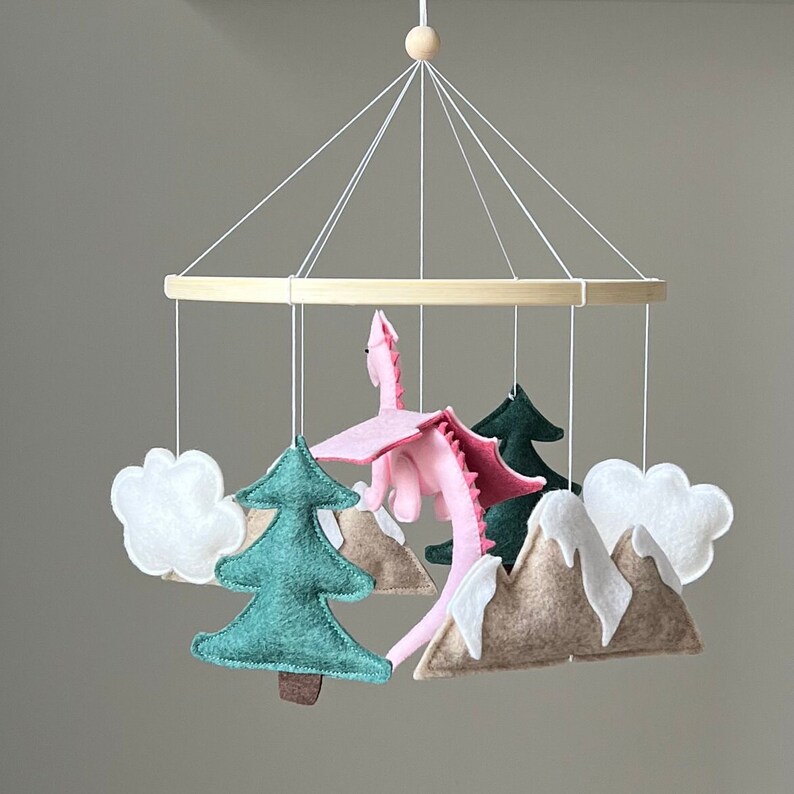 Pink Dragon Baby Mobile, Felt Fantasy Nursery Decor image 3
