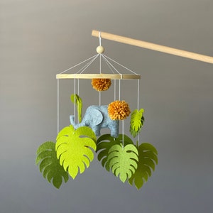 Elephant Baby Mobile,Jungle Mobile,Safari Animals,Tropical Crib Mobile,Greenary Nursery,Monstera Leaves Hanging Mobile,Newborn Baby Gift image 1