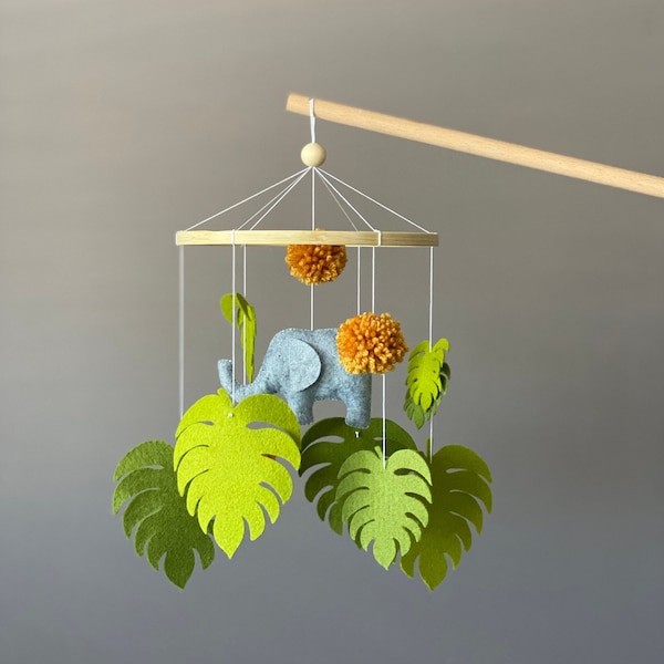 Elephant Baby Mobile,Jungle Mobile,Safari Animals,Tropical Crib Mobile,Greenary Nursery,Monstera Leaves Hanging Mobile,Newborn Baby Gift