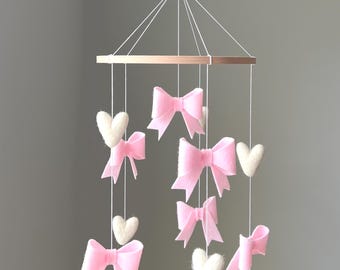 Pink Bows and Hearts Baby Mobile, Felt Nursery Decor