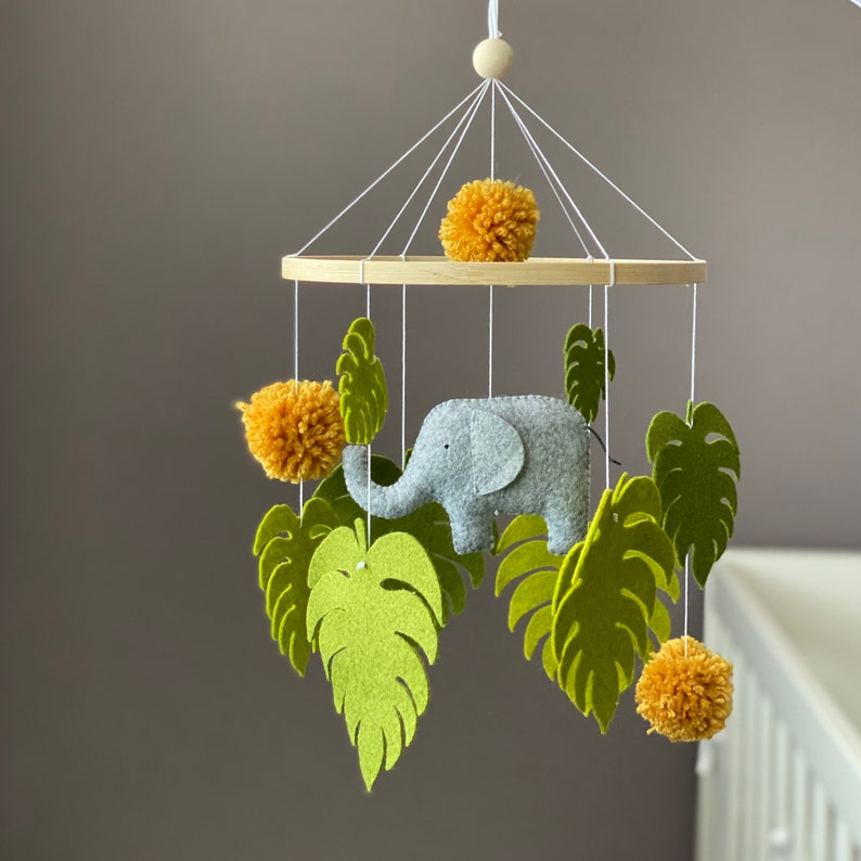 Elephant Baby Mobile,Jungle Mobile,Safari Animals,Tropical Crib Mobile,Greenary Nursery,Monstera Leaves Hanging Mobile,Newborn Baby Gift image 2