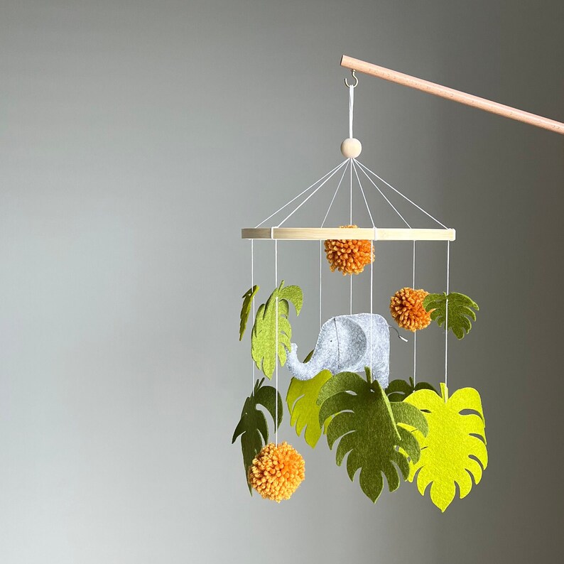 Elephant Baby Mobile,Jungle Mobile,Safari Animals,Tropical Crib Mobile,Greenary Nursery,Monstera Leaves Hanging Mobile,Newborn Baby Gift image 5