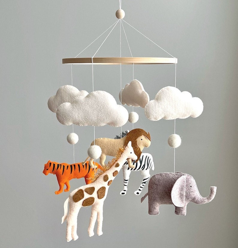 Baby mobile Safari Mobile for Nursery,Jungle Mobile elephant,lion,giraffe,crocodile,heron,Crib Mobile,Africa mobile,Pregnancy gift,Felt toys zdjęcie 1