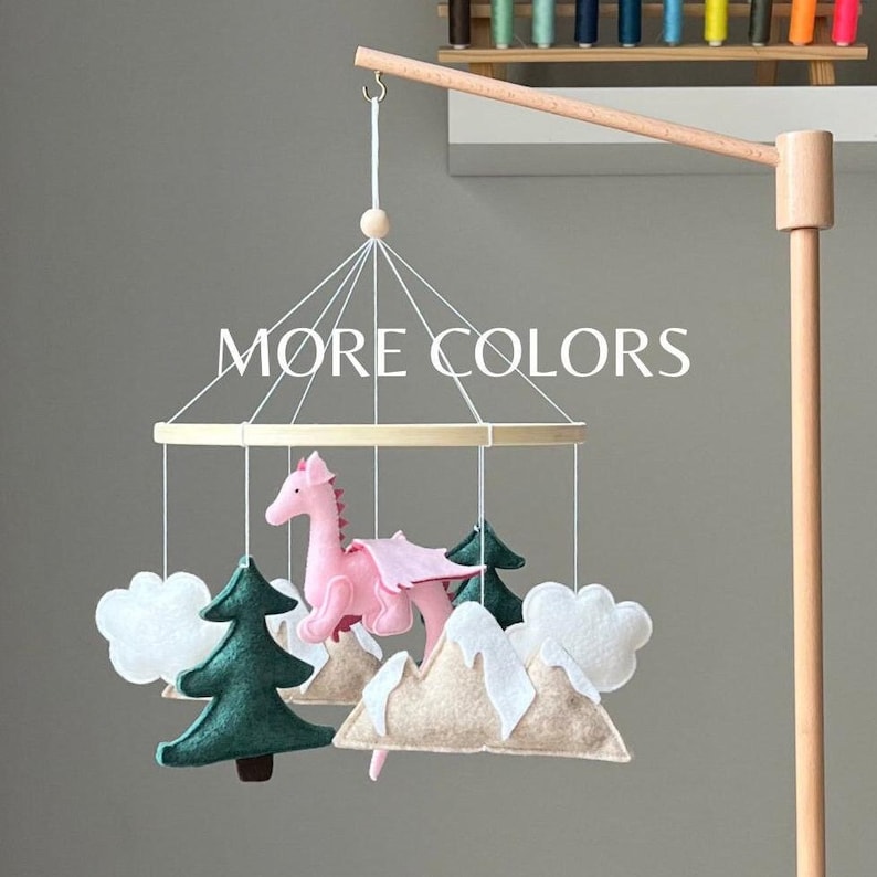 Pink Dragon Baby Mobile, Felt Fantasy Nursery Decor image 1