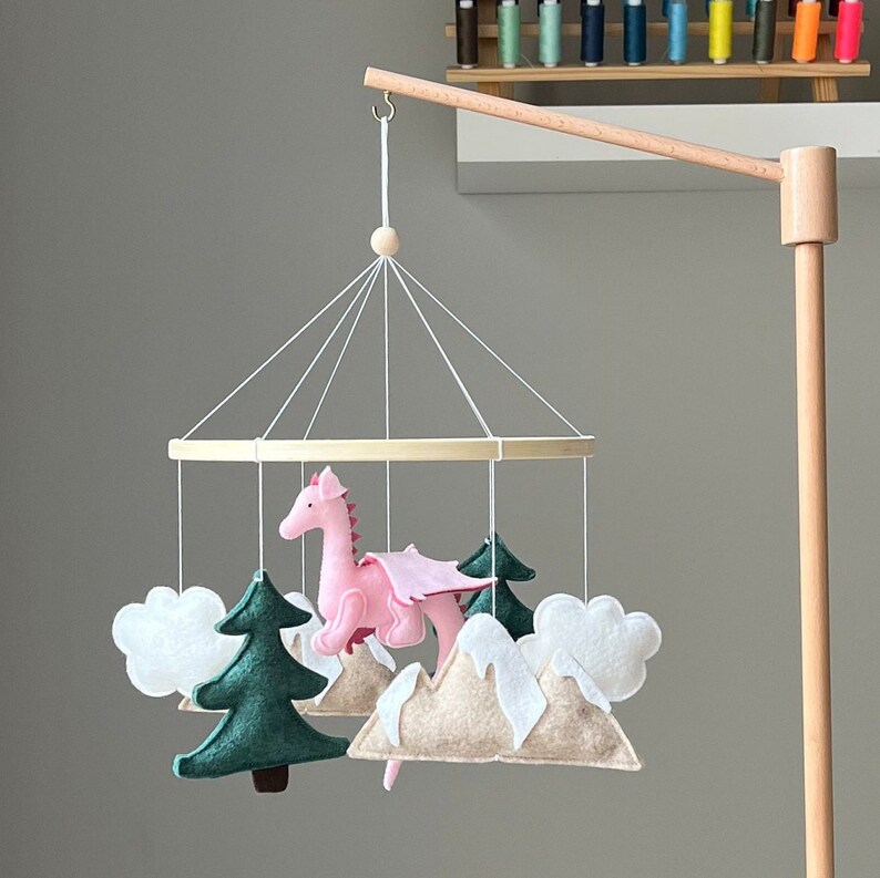 Pink Dragon Baby Mobile, Felt Fantasy Nursery Decor image 6