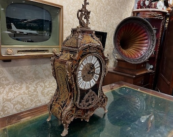 Reloj de sobremesa antiguo italiano Boulle de 1910 / Marquetería de latón con incrustaciones de carey / Reloj vintage de colección estilo rococó
