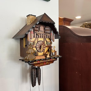 Vintage German Cuckoo Clock Chalet Style with Wood Chopper | Working Antique Clock with Pendulum & Weights | Collectible Wall Decor
