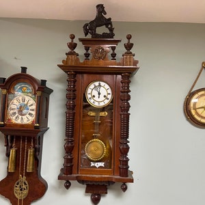 Antique German Wall Clock with Chain Wind and Gong Chime | 80x27 cm | Collectible Vintage Timepiece