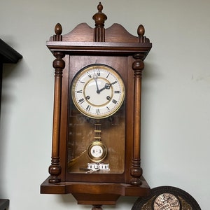 Antique German Wall Clock with Key Wind and Gong Chime | 58x28 cm | Collectible Vintage Timepiece