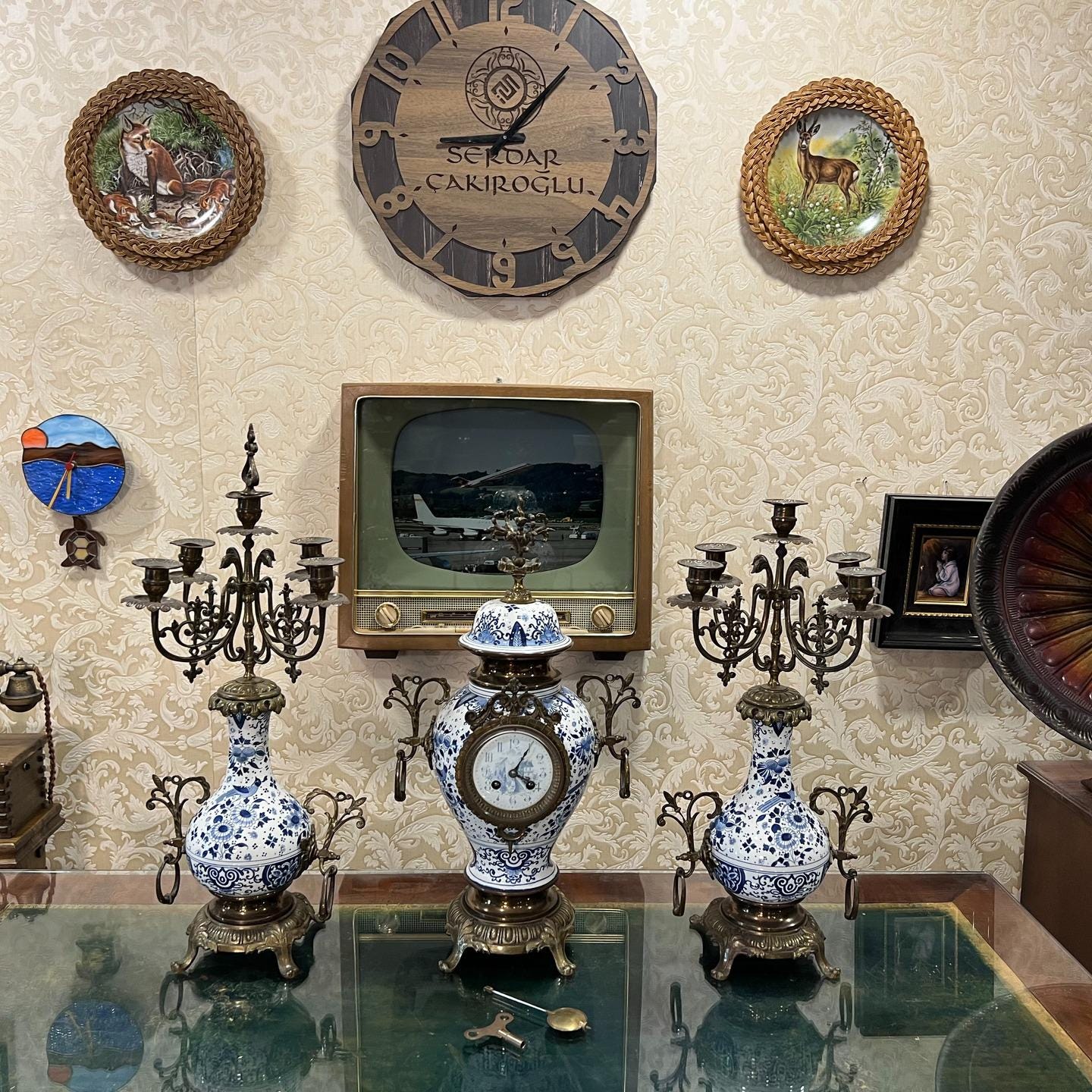 Antique French Dual-wind Mantel Clock Set | Blue & White Porcelain