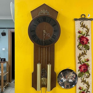 Antique German Wall Clock with Chain Wind and Gong Chime | 80x27 cm | Collectible Vintage Timepiece