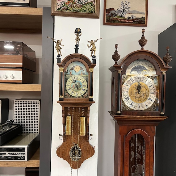 Antique Dutch Moon Phase Wall Clock | 90cm Tall | Hand-painted