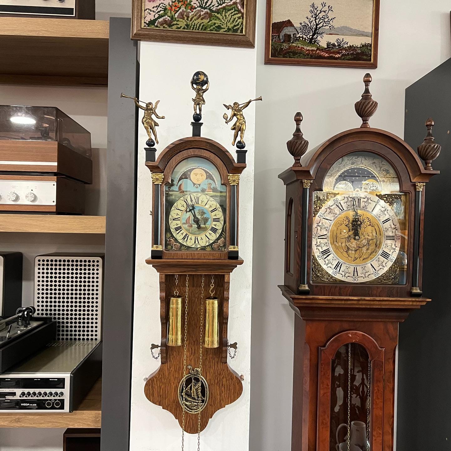Antique Dutch Moon Phase Wall Clock | 90cm Tall | Hand-painted