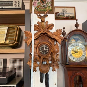Könnte beinhalten: Eine große, aufwendig geschnitzte Kuckucksuhr aus Holz mit einem Hirschkopf, gekreuzten Gewehren und Blättern. Das Zifferblatt hat römische Ziffern. Die Uhr ist etwa 91 cm hoch, mit zwei Hängewichten und einem Pendel.