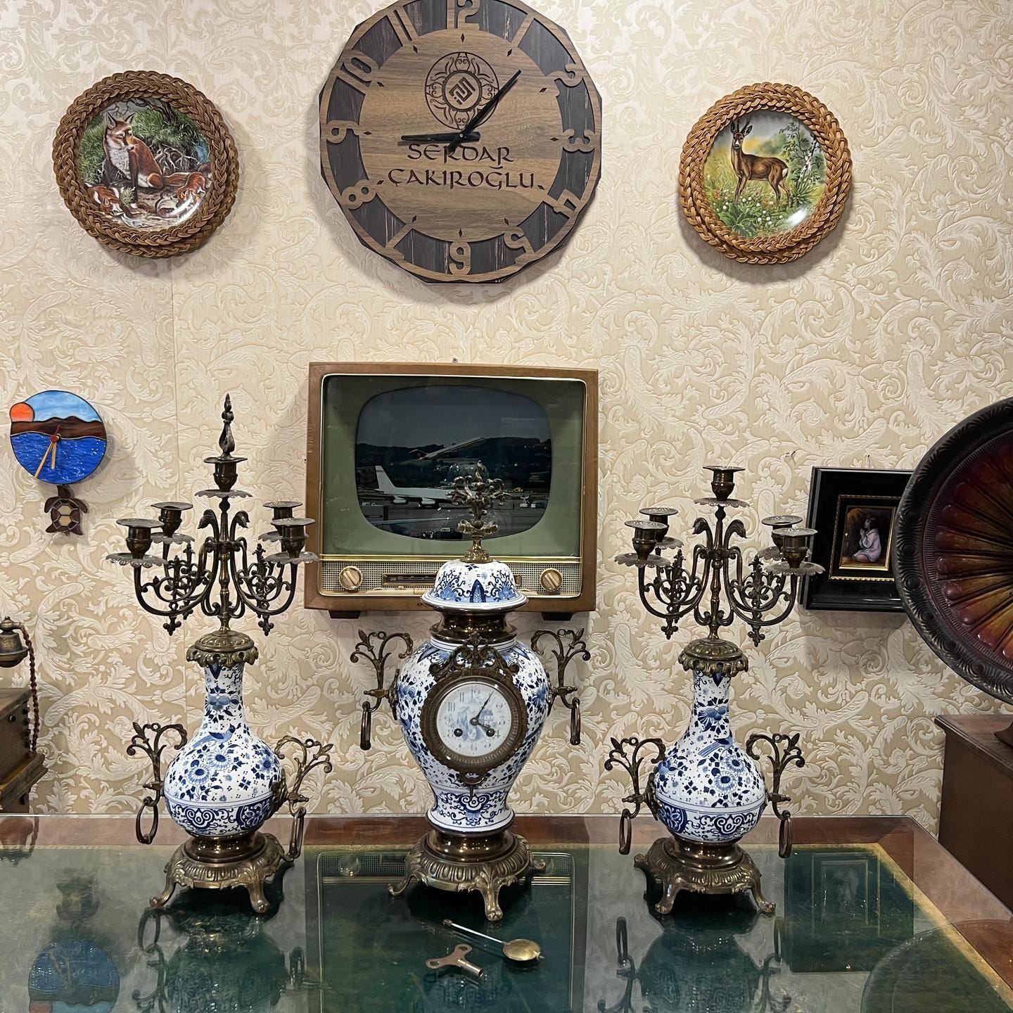 Antique French Dual-wind Mantel Clock Set | Blue & White Porcelain