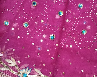 Vintage Dupatta, Hand Embroidered Stole, Beautiful Pink Chiffon Dupatta Fabric.