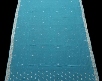 Vintage Dupatta, Hand Embroidered Stole, Beautiful Blue Chiffon Dupatta Fabric.