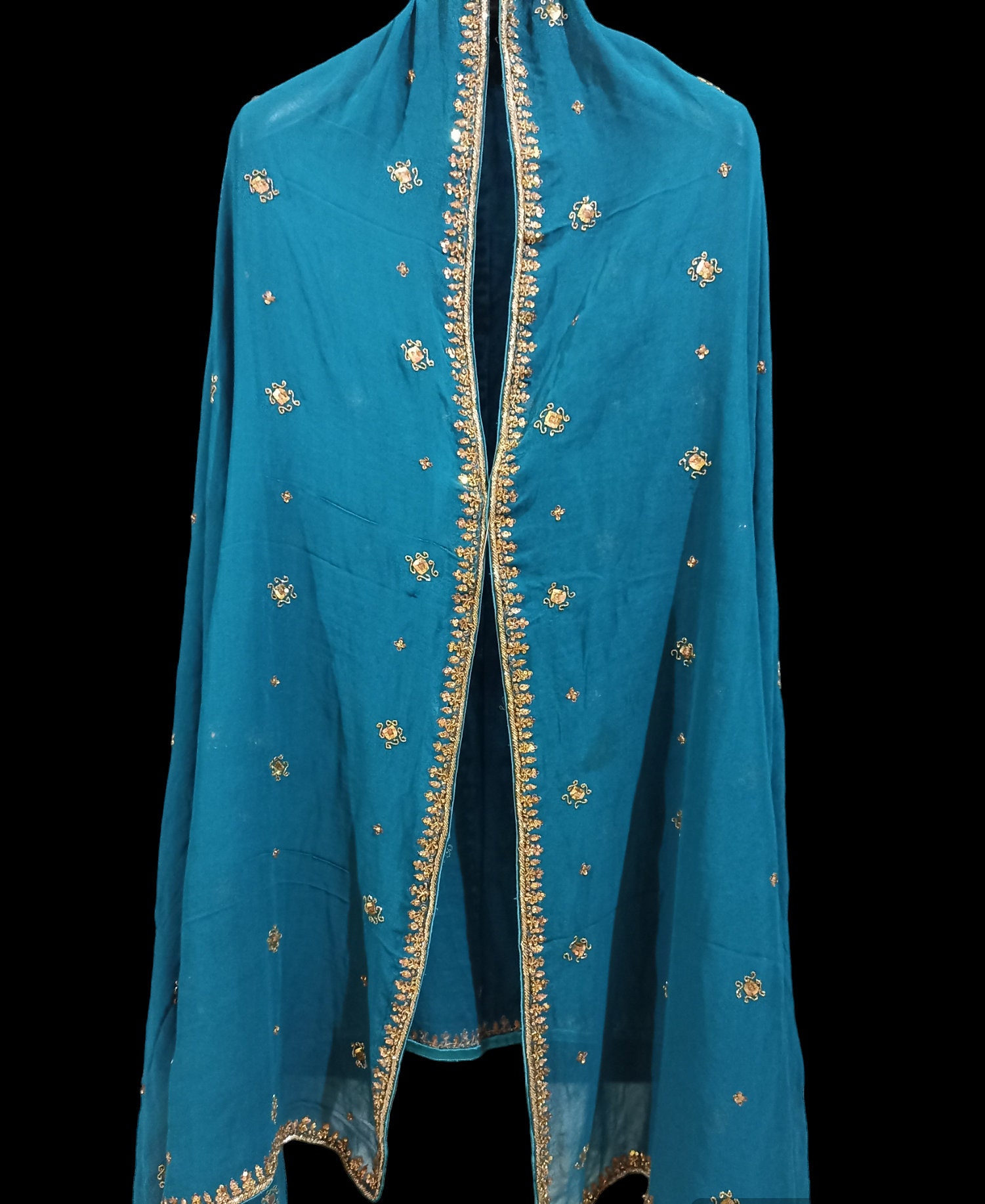 Vintage Dupatta, Hand Embroidered Stole, Beautiful Blue Chiffon Dupatta Fabric.